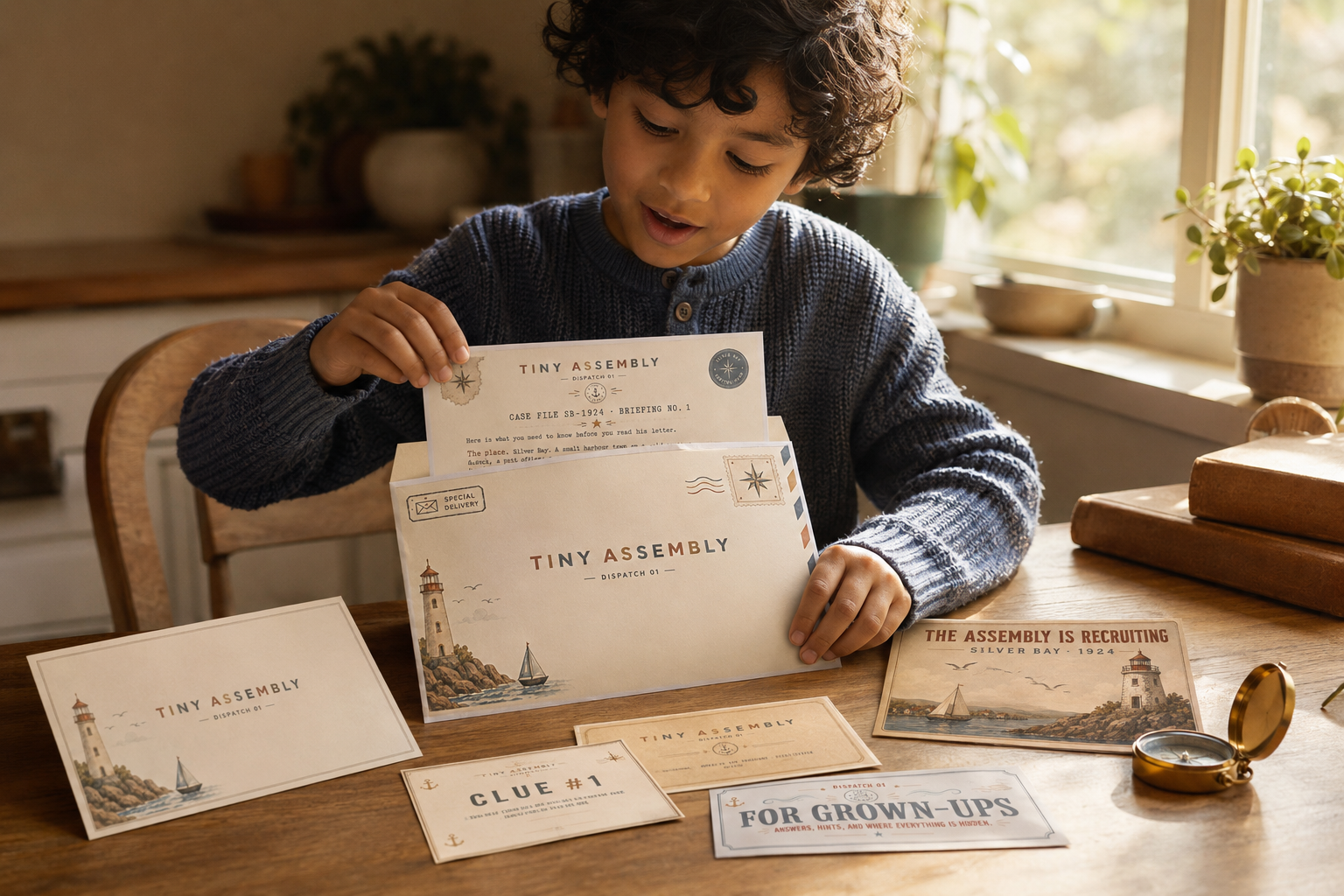 A child opening a Tiny Assembly mystery envelope at a sunlit kitchen table