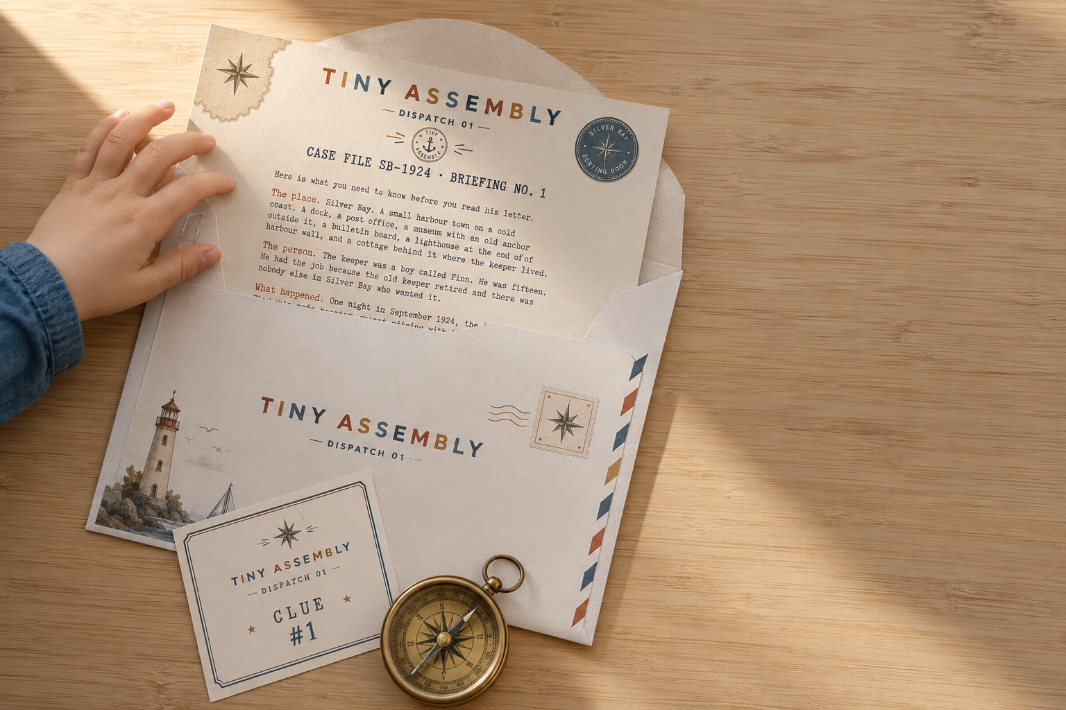 Tiny Assembly dispatch materials — envelope, story letter, clue card and compass on a wooden table