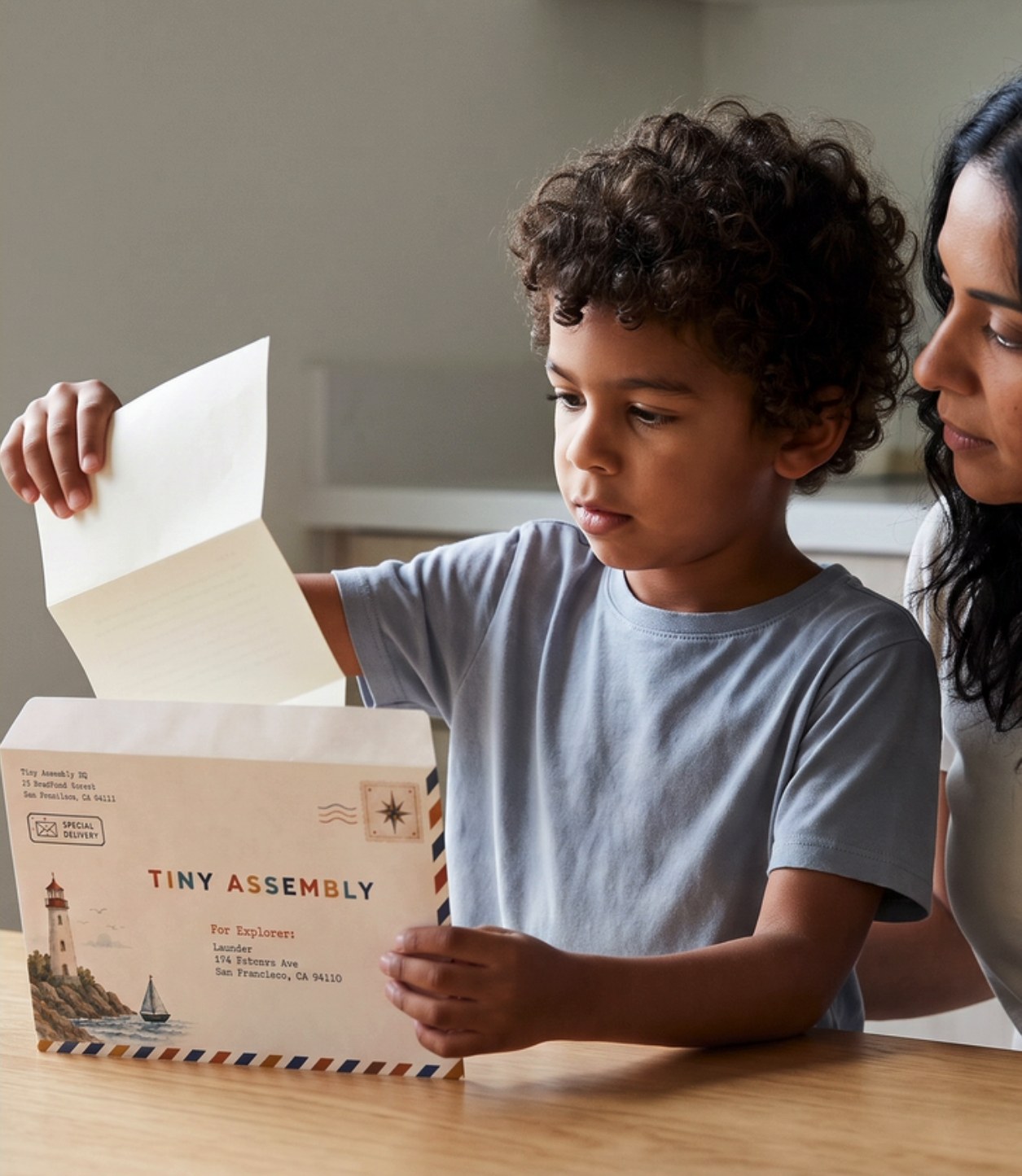A child opening a Tiny Assembly envelope while a grown-up looks on